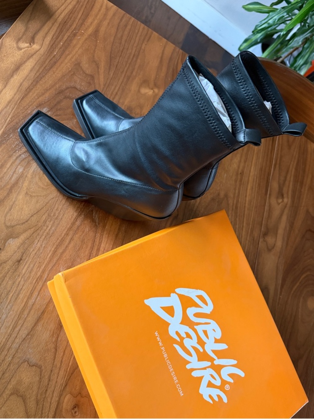 Public Desire Black Square-Toe Mid-Calf Heeled Boots